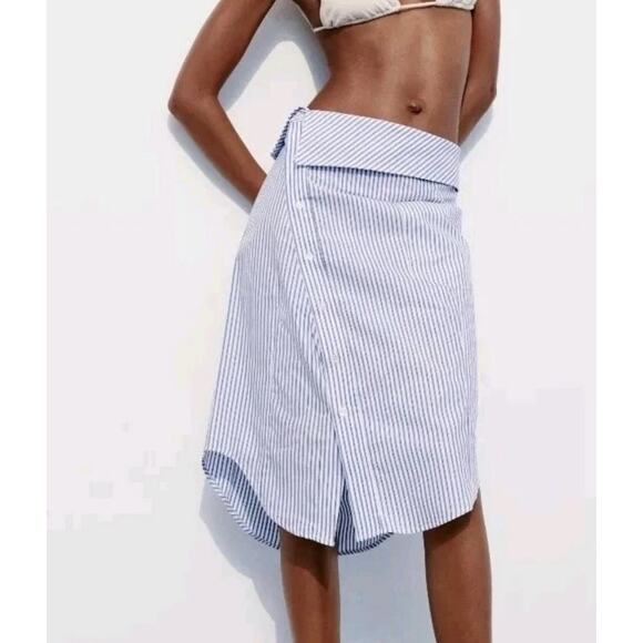 ZARA WOMAN SUMMER ASYMMETRICAL BLUE WHITE STRIPED 3067/406 2024 MIDI SKIRT Sz M - Picture 1 of 12